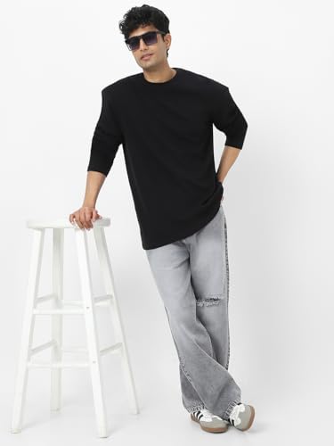 Image of Urbano Fashion Men's Textured Round Neck Oversized Full Sleeve Cotton T-Shirt