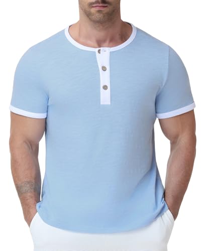 Susclude Mens Shorts Sleeves Henley Shirts Cotton Distressed Vintage T Shirts Casual Button Down Workout Washed Tops Blue