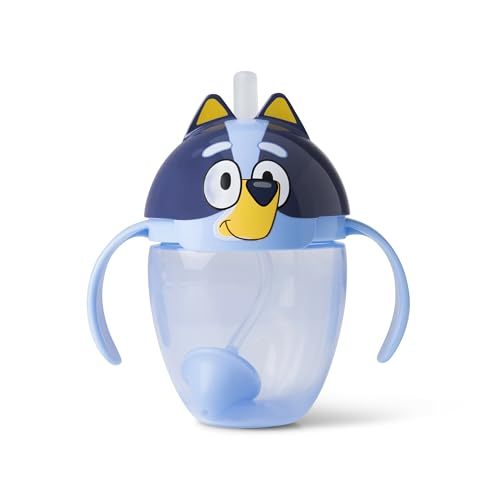 The First Years Bluey Trainer Weighted Straw Cup - Toddler Cups with Weighted Straw - Baby and Toddler Straw Cup Spill Proof - Bluey Toddler Feeding Supplies - Ages 6 Months and Up - 7 Ounce