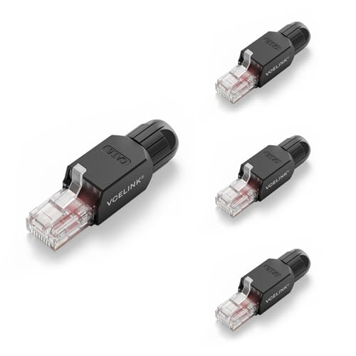 Image of VCELINK Tool-Free RJ45 Connectors Toolless Cat6 Modular Plug Gold Plated Cat6 Ethernet Cable Ends for 23-26 AWG Network Cable 4 Pack Black