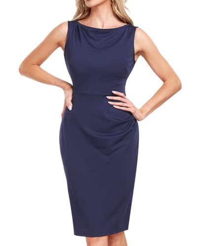 MINTLIMIT Women's Sheath Dress Boat Neck Sleeveless Ruched Slim Work Pencil Dresses Cocktail Party 2024 Navy Blue