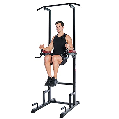 MBH Fitness Power Tower Pull Up Bar Dip Station Strength Training Workout Equipment for Home Gym, Adjustable Height Dip Bar (Black)