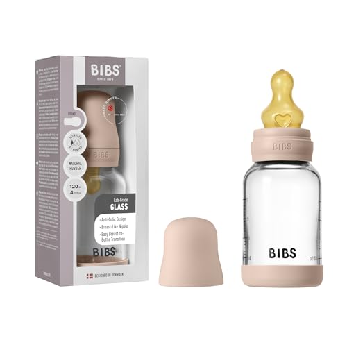 Image of BIBS Glass Baby Bottle, 120 ml, 1-Pack, Natural Rubber Nipple, Blush | Anti-Colic | Natural Rubber Latex Nipple | Slow Flow | Supports Breastfeeding | Made in Denmark | Familiar BIBS Nipple