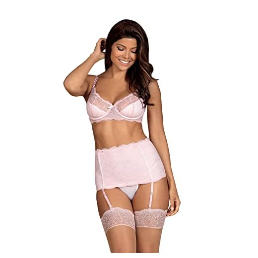 Selente Love & Fun - Juego de lencería seductora de 4 piezas para mujer, con sujetador, liguero, tanga y venda para los ojos de satén, fabricado en la UE, rosa pastel, L-XL