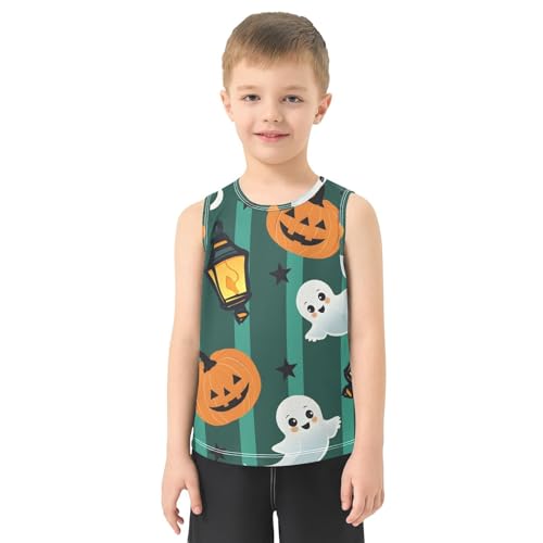 Bolaz Boys Athletic Quick Dry Tank Top Sleeveless Workout T Shirts Age 11-15,Striped Background Pumpkin Ghost Pattern2