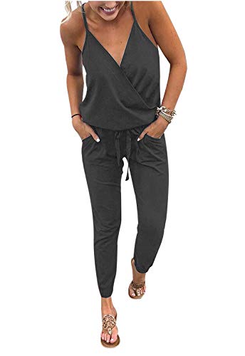 Adibosy Women V Neck Jumpsuits Overalls Strap Sleeveless Summer Casual Playsuit Rompers With Pockets Dark Gray M #TOP20