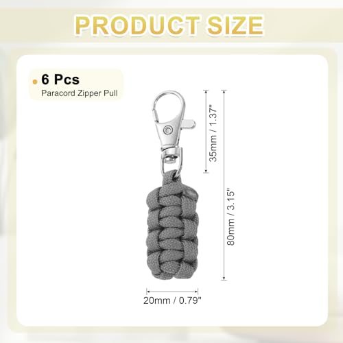 Image of YELARXI Paracord Zipper Pull Polyester Zipper Pulls Replacement Woven Rope with Metal Clasp, 80 mm Length Fit for Backpacks Clothing Luggage Accessories - Cylinder (6 Pack, Gray)
