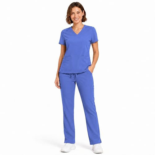 M&M SCRUBS Women’s Stretch Cargo Scrub Set (Ceil Blue, X-Large)