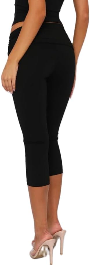 NUFIWI Fold Over Leggings for Women Low Waist Stretch Yoga Pants Capri Slim Fit Going Out Crop Pants Streetwear - Image 3