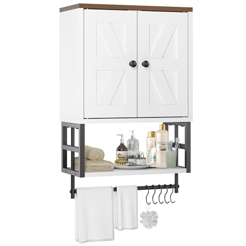 Farmhouse Medicine Cabinet for Small Bathroom Wall Mounted – 3-Tier Storage Cabinet with Adjustable Shelf & Towel Bar, 2-Door Cabinet for Bathroom, Laundry Room, Above Toilet Organizer (White)