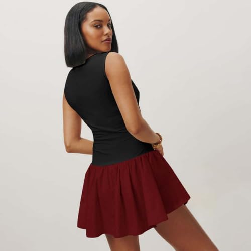 Image of YOXUA Women's Tank Drop-Waist A Line Dress Sleeveless Crewneck Solid Slim Fit Puffy Beach Short Summer Dresses
