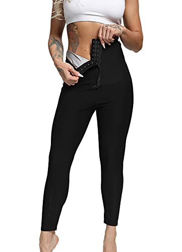 RIOJOY Legging Sudation Femme Collant Pantalon Sauna à Double Boutonnage Legging Minceur Taille Ajustable Pant Sport Body Shaper Yoga pour Accélérer Transpiration C-Argent S Cover