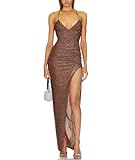 Capuffy Women's Spaghetti Straps Sexy Glitter V-Neck Maxi Dress 2024 Thigh-High Slit Ruched Bodycon Cocktail Party Dress 315(Coffee,XS)