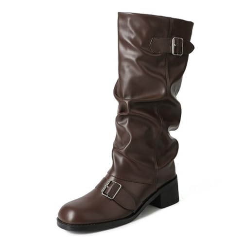 Goolita Slouchy Fold Over Boots For Women, Chunky Heels Square Toe Goth Knee High Boots Fashion Buckle Slip On Wide Calf Riding Boot