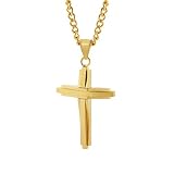 HZMAN Mens Polished Stainless Steel Gold Cross Pendant Necklace 22+2 Inches Chain