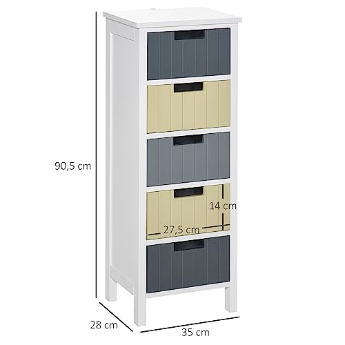 HOMCOM Cómoda de Madera con 5 Cajones Cajonera Auxiliar de Almacenaje con Patas Elevadas Estilo Moderno para Dormitorio Salón Baño 35x28x90,5 cm Multicolor - imagen 3