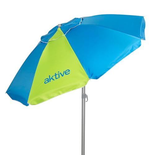 AKTIVE Sombrilla playa 200 cm, 8 varillas fibra de vidrio, Mástil aluminio 28/32 mm, Protección UV50+, Sistema inclinable, Ventilación superior, Funda transporte (62438)