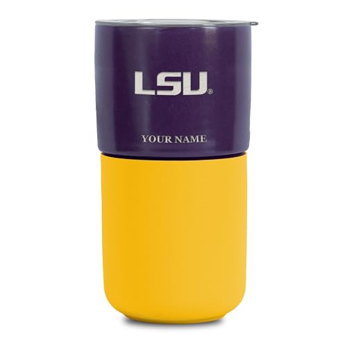 Rico Industries NCAA LSU Tigers Personalized 16 oz Ceramic Tumbler with Silicone Grip, Deep Laser Engraved, Purple and Yellow Colored Design with Slide Lid, Travel Coffee Mug, Matte Glaze
