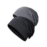 Voarge 2 Stück Beanie Mütze, Dünne Slouch Baumwolle Mütz, Beanie Caps Kopfbedeckung Schlafmütze (Schwarz + Dunkelgrau)