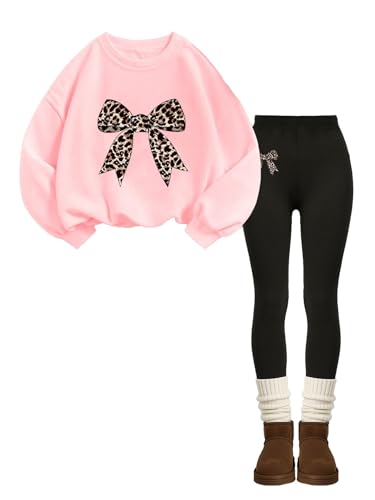 xueteox Girls Long Sleeve Sweatshirt 2 Piece Bow Graphic Top and Pants Spring Fall Fashion Casual Clothes. (Red and Black 10Y)