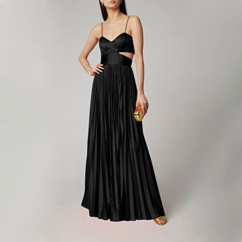 Women's Cutout Backless Bustier Silk Dress High Waist Spaghetti Strap Pleated Elegant Boho Long Dresses #TOP2