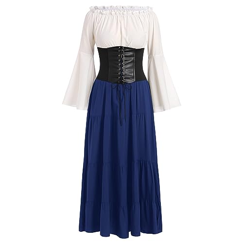 Robe médiévale femme avec épaules dénudées élastiques et manches trompettes