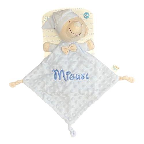 Danielstore Dou Dou Personalizado para Bebé, Muñeco Dou Dou Atrapasueños, Regalo bebé con Nombre Bordado Manta de Seguridad para Bebés (Azul Osito)