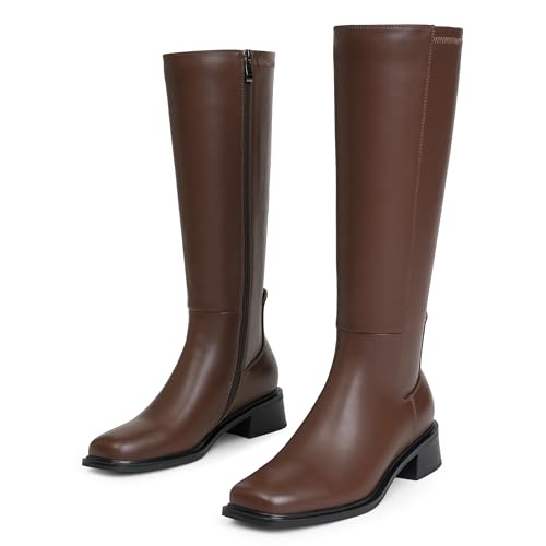 Image of QIY Knee High Boots for Women Low Heel Flat Tall Boots, Light Brown, 8.5