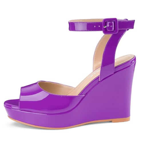 Image of Women's Dressy Platform Wedge Sandals Gold Wedges Peep Toe Patent High Heels Slingback Heeled Comfortable Ankle Strap Shoes