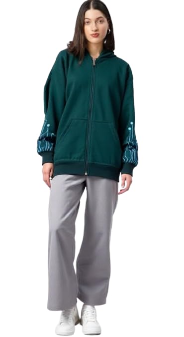 Image of Solid Zip-Up Hoodie for Women's | Long Sleeves Hoodie with Print Casual Wear, Green, 3XL
