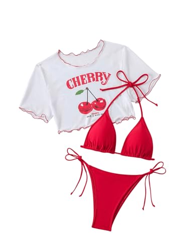 MakeMeChic Women's Bikini Sets Triangle Halter Tie Back Swimsuit with Cherry Printed Coverup Tops