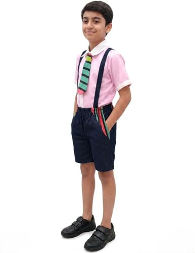 Image of BookMyCostume Boy Dangri Style Costume Set | Pink Shirt with Denim Dangri Style Shorts & Colorful Tie | Fancy Dress Costume for Role Play | Boys | 8-10 Years
