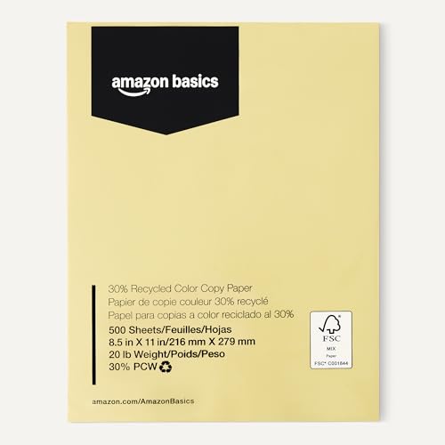 Image of Amazon Basics 30% Recycled Color Copy Paper, 8.5 inch x 11 inch, 20lb, Pastel Canary, 500 Sheets (Pack of 2)