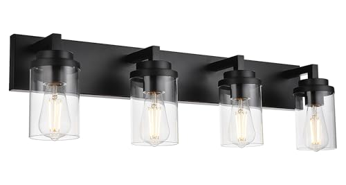 Image of MELUCEE 4-Light Vanity Lights Over Mirror, Farmhouse Bathroom Light Fixtures Black with Clear Glass Shade, Industrial Wall Mount Lamp for Bedroom Kitchen Hallway
