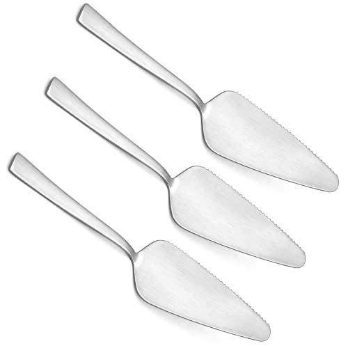 Matte Silver Pie Server Set Of 3, E-Far 8.9 Inch Stainless Steel Cake Server Cutter For Pastry Cheese Pizza, Serrated Edge With Square Handle, Dishwasher Safe #TOP27