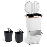 GOPLUS Poubelles Cuisine Mobile 74,5 CM, Poubelle Tri Selectrif à 3 Bacs Double Récipient avec Couvercle, Seau Amovible 12Lx2 Panier Pédale 14L, 4 Roulettes et Poignées (38L|2 Couvercles,Blanc|3 Bacs)