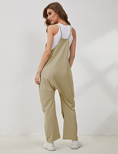 Lentta Women's Causal Jumpsuits V Neck Sleeveless Harem Overalls Stretchy Adjustable Strap Romper With Pockets(Darkkhaki-S) #TOP4