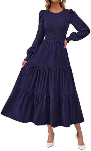 KIRUNDO Fall Dresses for Women 2025 Long Sleeve Maxi Wedding Guest Smocked Crew Neck Empire Waist A Line Flowy Long Dress
