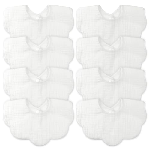 EllieHouse Baby Bibs for Girls Boys 8 Pack Muslin Drool Teeth Drooling Teething Bibs Muslin Cotton for Toddler Infant Essentials(Pearl White)