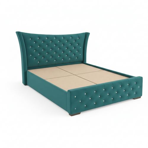 Image of Pearl Upholstered Queen Size Bed with Box Storage for Bedroom | Elegant Wooden Double Bed with Storage | Platform Cot Palang with Tufted Headboard | 6.5 x 5 Ft, Sheesham Wood, Light Blue