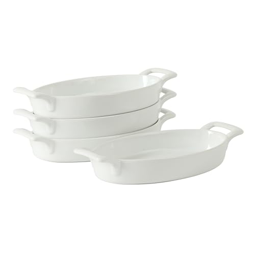 Gibson Home Gracious Dining Oval Au Gratin Baking Dishes 4-Piece Set 15 oz Oven Safe Ceramic Small Casserole Dishes with Handles Microwave & Dishwasher Safe Mini Bakeware White