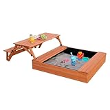 FunXplore Wooden Kids Sandbox with Lid Sand Box with Cover Outdoor Sand Pit with Picnic Table Ages 4-8 Bottom Liner