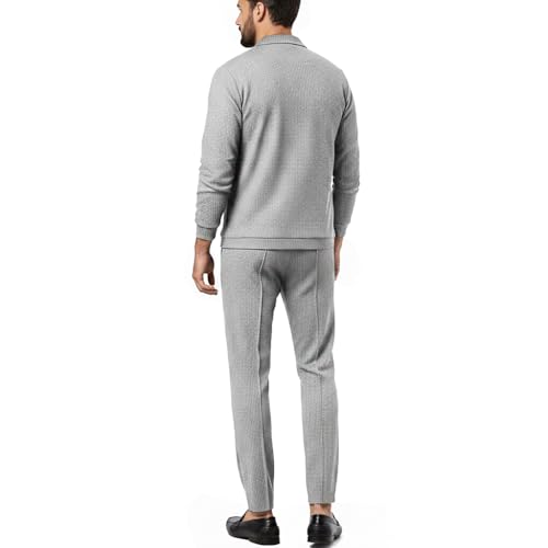 Image of Jawdrobe Men's Zipper-Check Co-Ord Set | Self-Textured Collar Top | Drawstring Jogger Pants | Cotton-Blend Loungewear Night-Suit | Mans Casual Travel Two-Piece