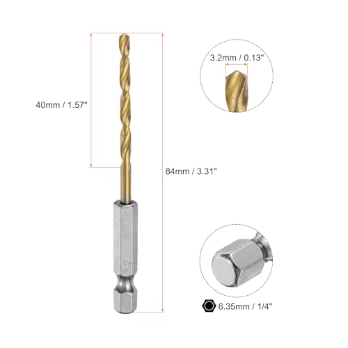 QUARKZMAN 4 Stück Metall Spiralbohrer 3,2mm, Titanbeschichtet HSS Bohrer mit 6,35 mm Sechskantschaft, Jobber-Bohrer Für Edelstahl, Metall Gold