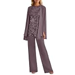 Generisch 3-Piece Women's Mother of the Bride Trouser Suit Lace Mother of the Bride Dresses with Jacket Long Sleeve Wedding Guest Dress Elegant Evening Suit Set Plain Trendy Three Piece for Festive