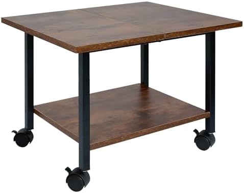 YAOHUOO 23.6"x15" Large Printer Stand With Storage Drawer And Side Bag, 3-Tier Height Adjustable, 360° Rotation, Fits Various Printers, Rustic Brown