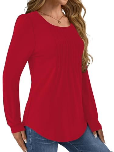 GKBK Women Long Sleeve Shirts Fall Tops Dressy Pleated Scooped Neck Tunic Tops for Leggings Red 3XL — view 3