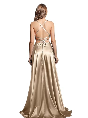 Image of MisShow Champagne Bridesmaid Dresses Side Slit SatinLong Formal Evening Dresses Evening Prom Gown for Women Anniversary L