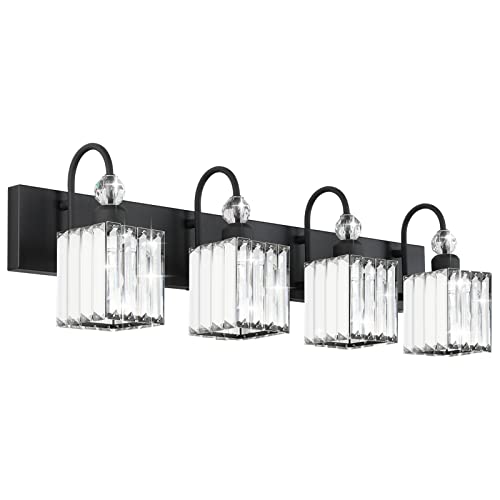 Image of Ralbay Matte Black Crystal Vanity Light 4 Light Modern Crystal Bathroom Lighting Fixtures Over Mirror, Crystal Black Bathroom Vanity Light