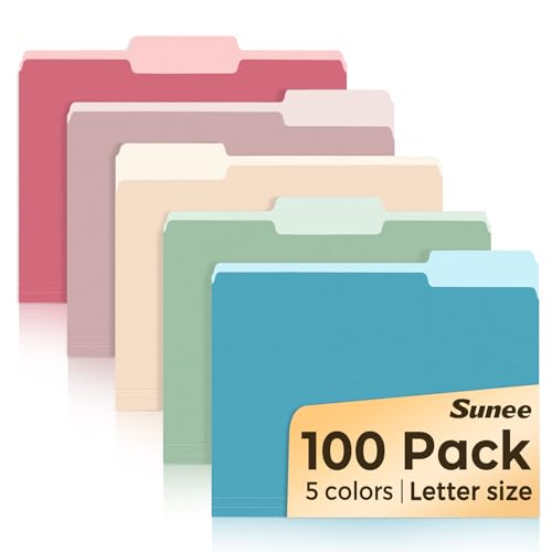 SUNEE File Folders Letter Size Retro Colors, 100 Pack Folders for Documents 1/3-Cut Tabs, Colored File Folders Office Home School for Documents Files Paper